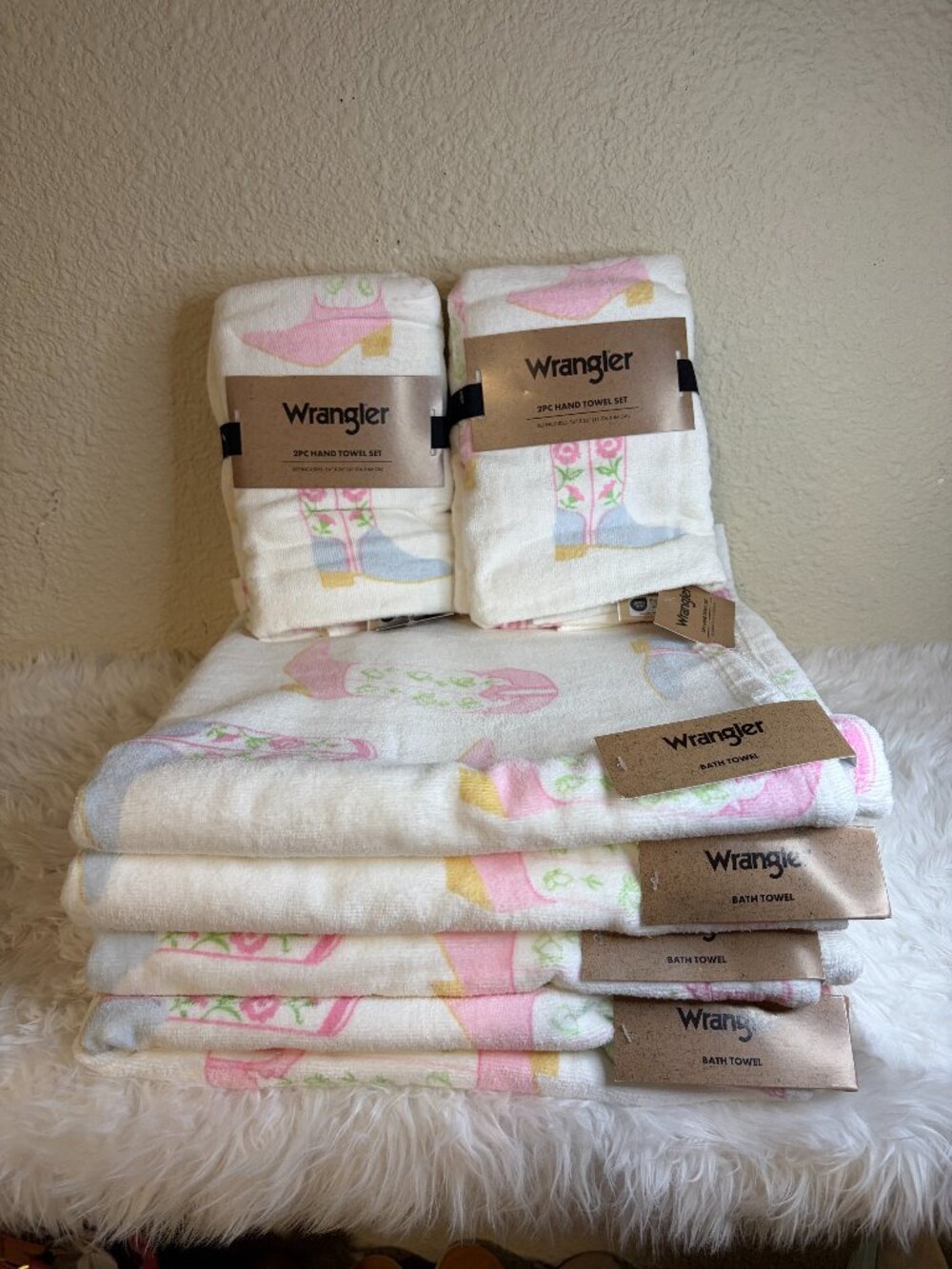 Wrangler Cowgirl Cowboy Boots Floral 8pc Bath Hand Towel Set Pink Blue NWT